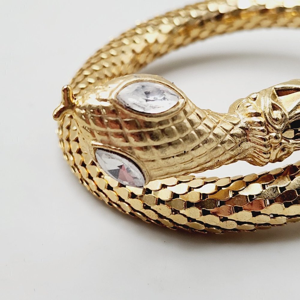 Vintage 60's Gold Tone Coil Wrap Snake Mesh Scales Clear Eyed Reptile Bracelet - Picture 5 of 6
